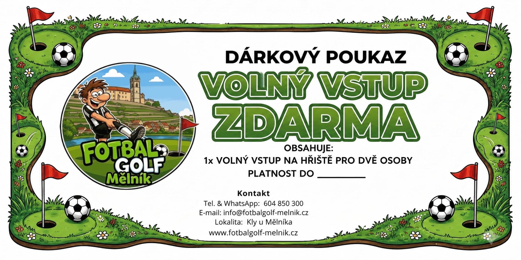Dárkový poukaz Fotbalgolf Mělník — volný vstup zdarma pro dvě osoby